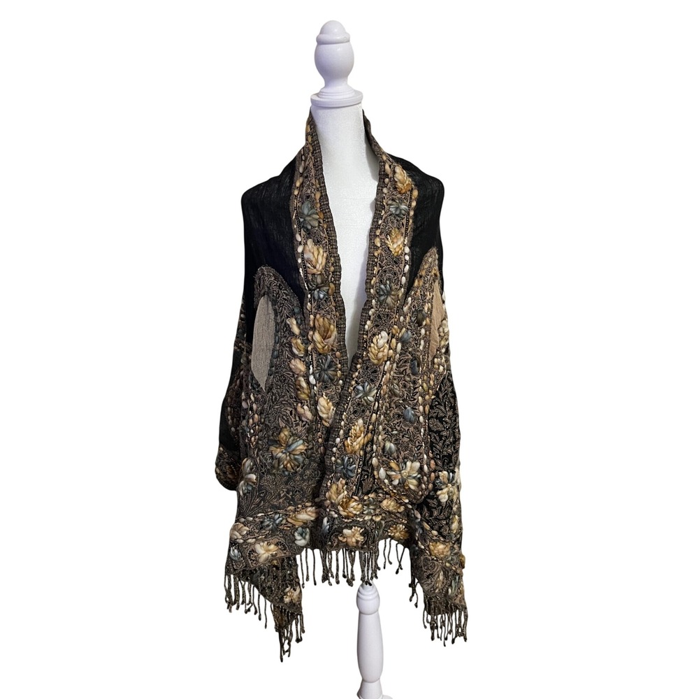 Soft Surroundings Embroidered Floral Shawl Wrap Black Tan Boho
26x69 inches